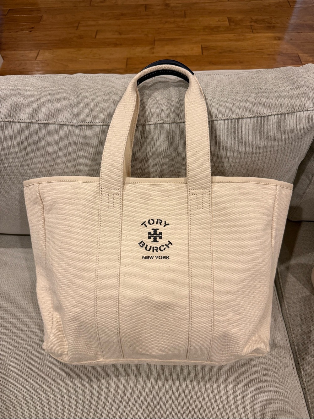 Tory Burch Cream Canvas Tote with Navy Logo